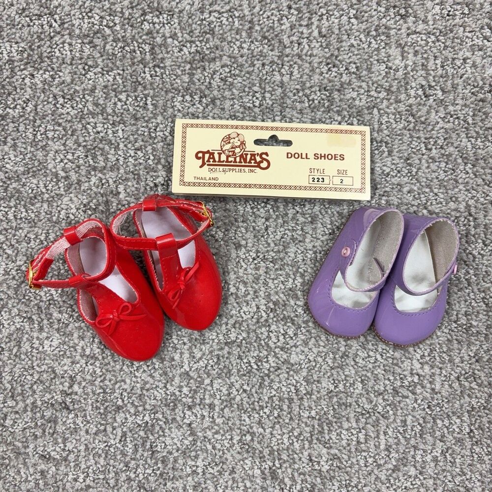 Vintage Tallinas Doll Shoes Lot 2 Pairs Red T Strap Purple Mary Jane Size 2